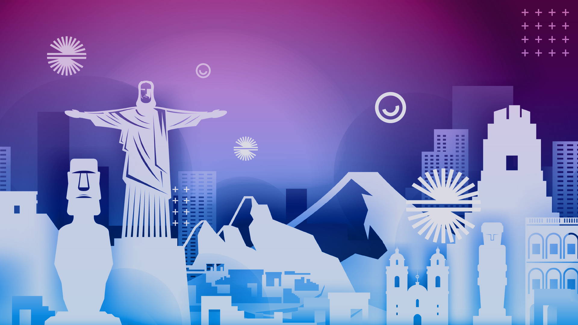Latin American skyline landmarks in paper cutting style, coloured in white, blue, purple, and pink