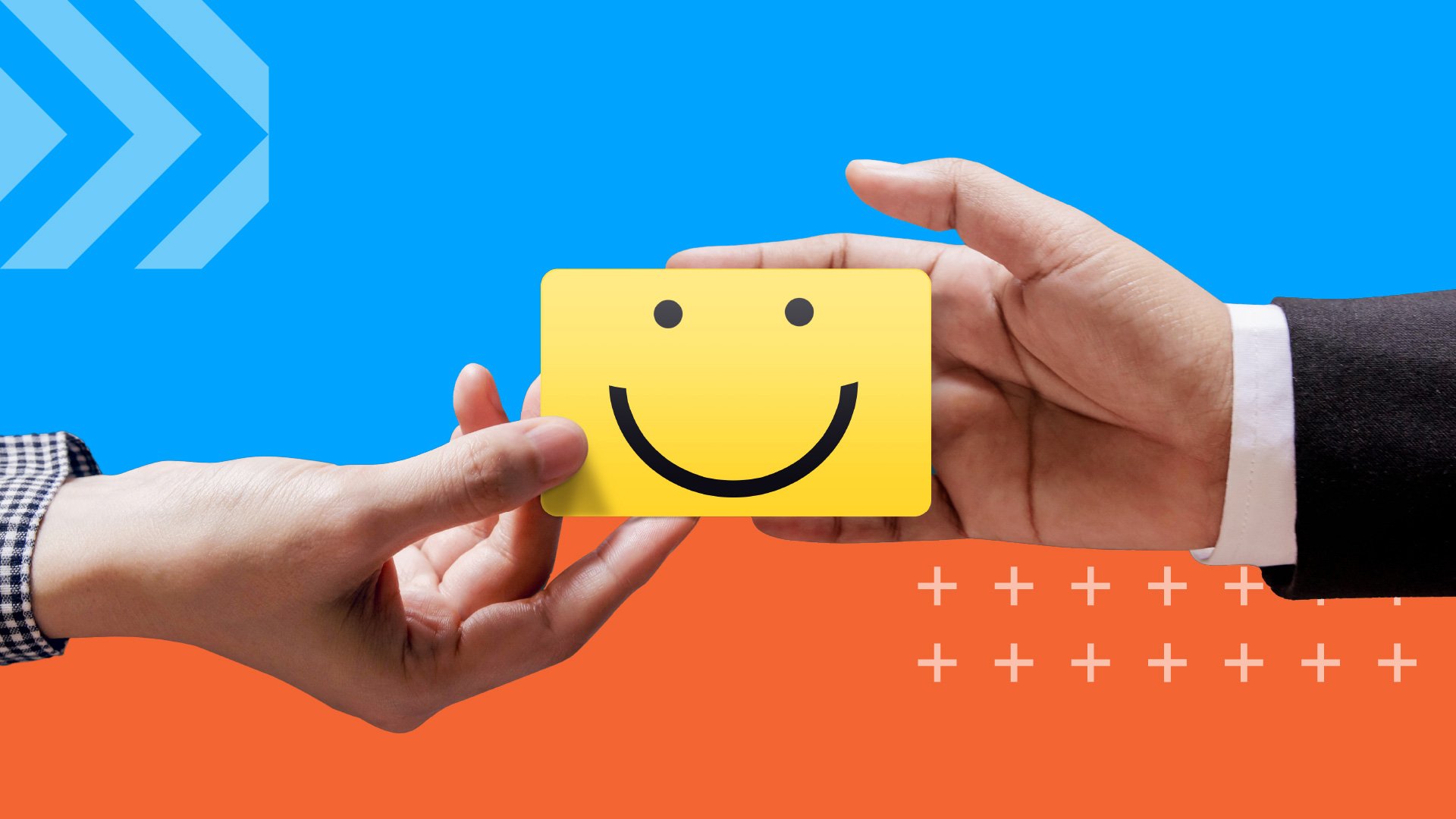Two hands passing a yellow card with a simple black smiley face on a blue and orange background